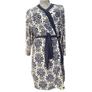 Laura Ashley Belted Blue and White Polka Dots Floral Robe Spandex Blend Medium